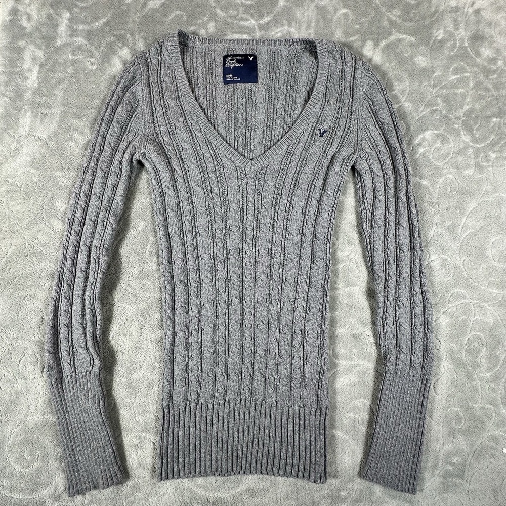 Y2K American Eagle V Neck Fitted Cable Knit Sweater Women Medium Gray Preppy